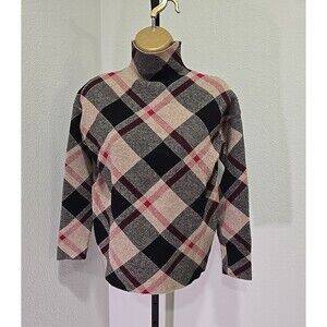 Funnel Mock Plaid Sweater Womens XS Tan Black Academia Preppy Old Money Cottage